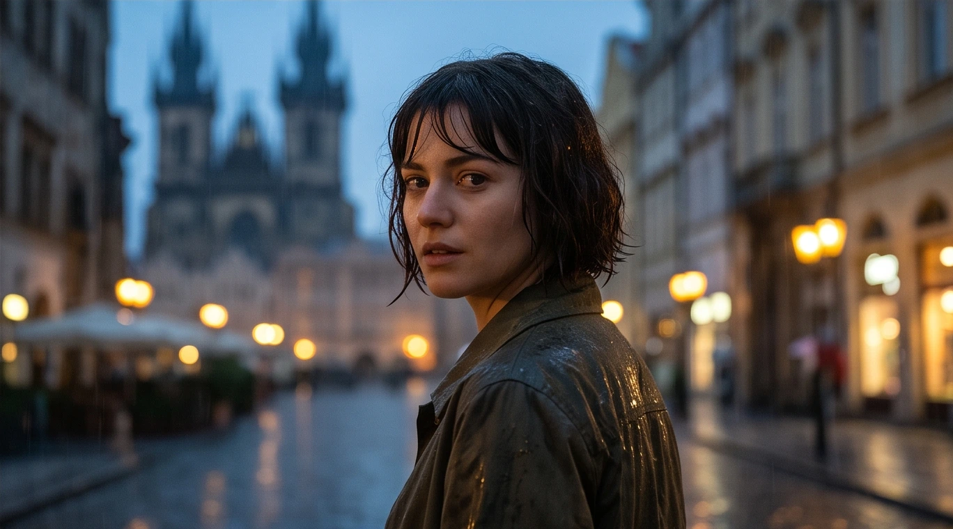 A character against an evening city