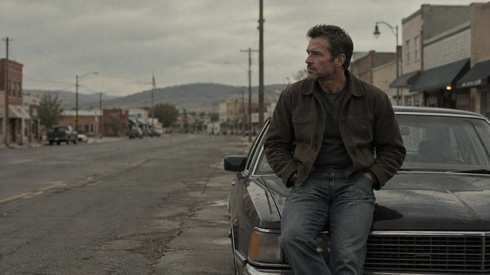 Cinematic frame of a man next to a car